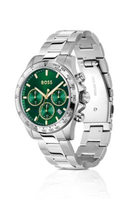 Silver-tone chronograph watch with green dial, Silver