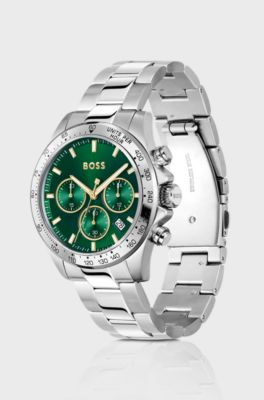 Zilverkleurig chronograaf horloge met groene wijzerplaat, Zilver