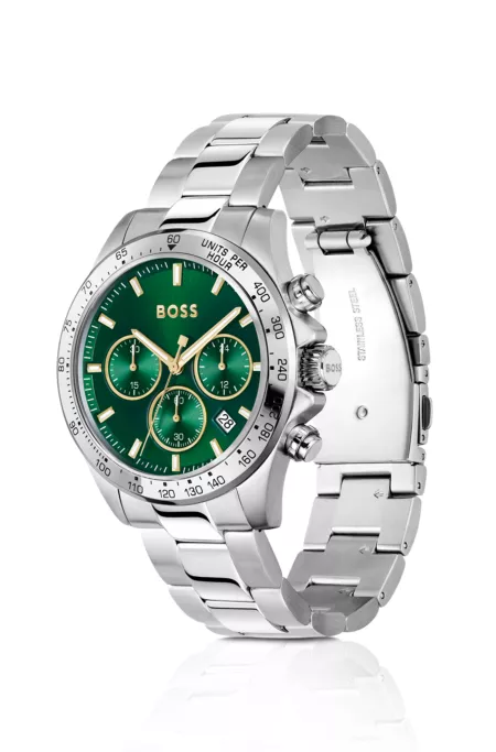 Silver-tone chronograph watch with green dial