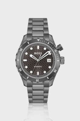 Grey-plated automatic watch with monogram-textured dial, Dark Grey