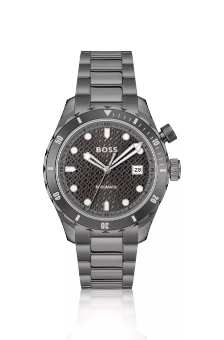 Grey-plated automatic watch with monogram-textured dial