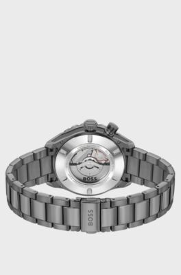 Grey-plated automatic watch with monogram-textured dial, Dark Grey