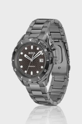 Grey-plated automatic watch with monogram-textured dial, Dark Grey