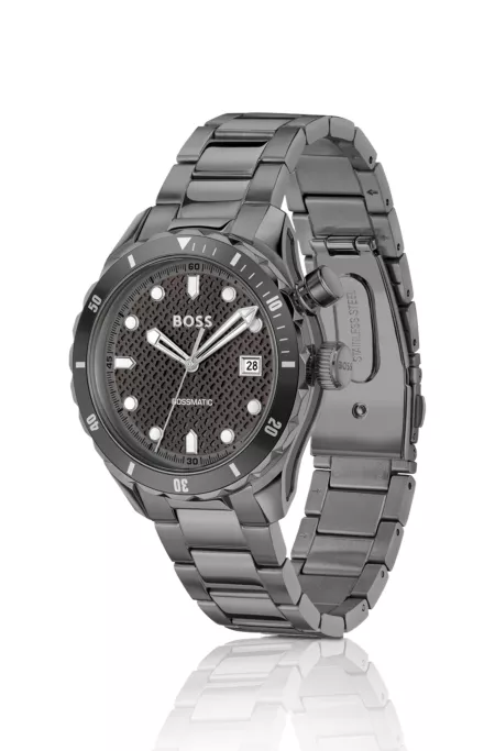 Grey-plated automatic watch with monogram-textured dial