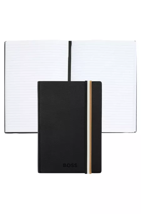 A6 black faux-leather notebook with signature-stripe strap