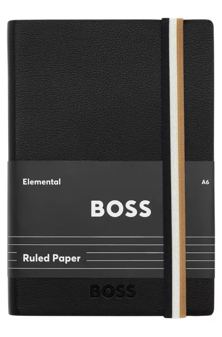 A6 black faux-leather notebook with signature-stripe strap