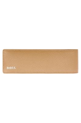 Grained-leather double pen pouch with metal logo, Beige