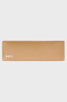 Grained-leather double pen pouch with metal logo, Beige