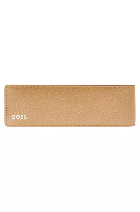 Pochette pour deux stylos en cuir grainé, avec logo en métal