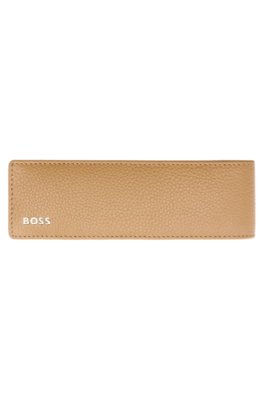 Grained-leather double pen pouch with metal logo