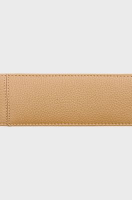 Grained-leather double pen pouch with metal logo, Beige
