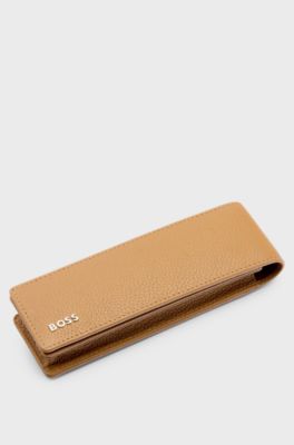 Grained-leather double pen pouch with metal logo, Beige