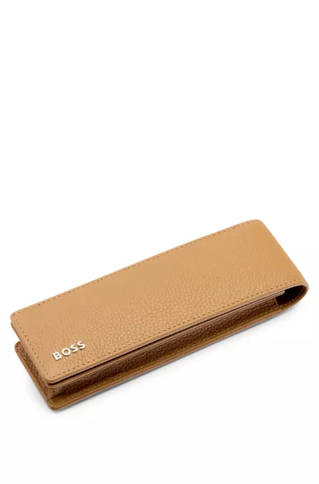 Pochette pour deux stylos en cuir grainé, avec logo en métal