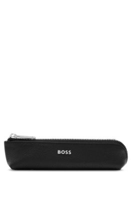 &Eacute;tui &agrave; stylos en cuir grain&eacute; noir avec logo, Noir