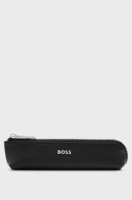 Grained-leather pen case in black with logo lettering, Black