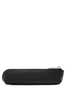 Grained-leather pen case in black with logo lettering, Black