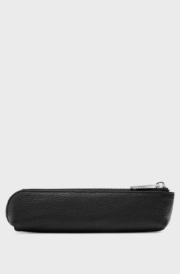 Stifte-Etui aus schwarzem genarbtem Leder mit Logo-Schriftzug, Schwarz