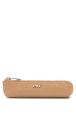 Grained-leather pen case in camel with logo lettering, Beige
