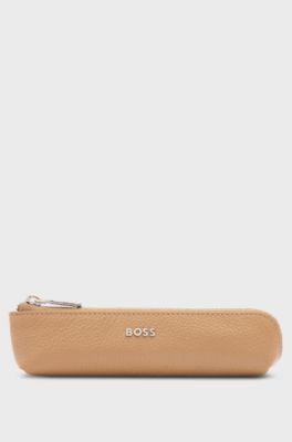 Portapenne in pelle martellata color cammello con scritta del logo, Beige