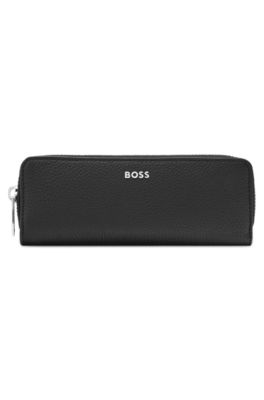 Grained-leather pen case with metal logo, Black