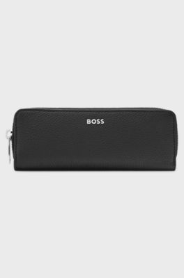 Grained-leather pen case with metal logo, Black
