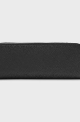 Grained-leather pen case with metal logo, Black