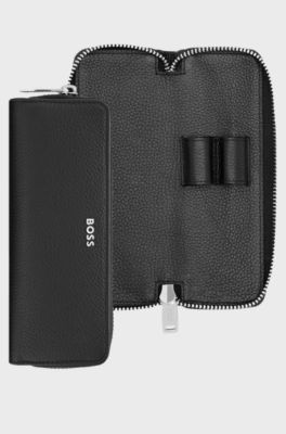 Grained-leather pen case with metal logo, Black