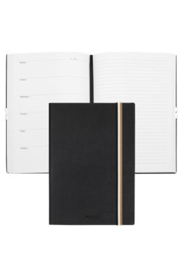 A5 black faux-leather notebook with signature-stripe strap, Black