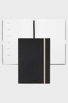 A5 black faux-leather notebook with signature-stripe strap, Black