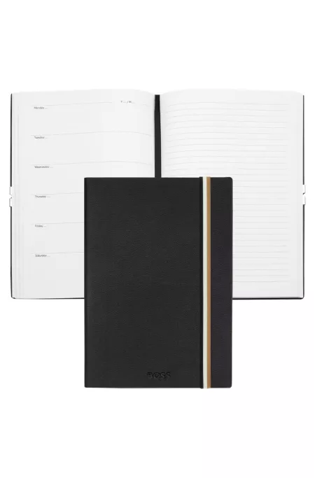 A5 black faux-leather notebook with signature-stripe strap