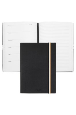 Boss A5 black faux-leather notebook with signature-stripe strap