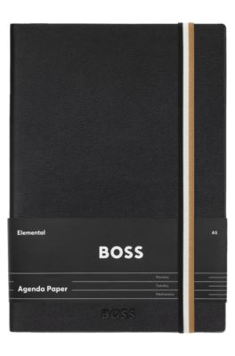 Carnet&nbsp;A5 en similicuir noir avec &eacute;lastique &agrave; rayures embl&eacute;matiques, Noir