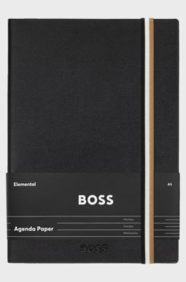 A5 black faux-leather notebook with signature-stripe strap, Black
