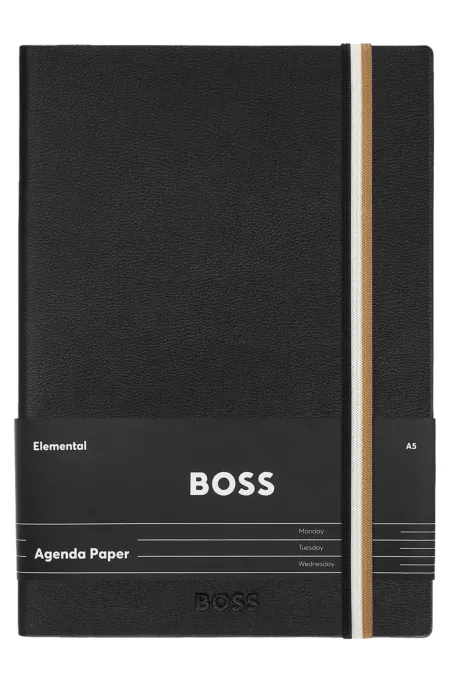 A5 black faux-leather notebook with signature-stripe strap