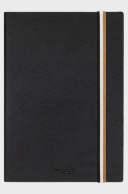 A5 black faux-leather notebook with signature-stripe strap, Black