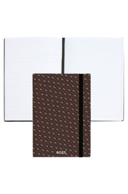 A5 monogram-pattern notebook and ballpoint pen set, Dark Brown