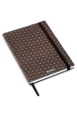 A5 monogram-pattern notebook and ballpoint pen set, Dark Brown