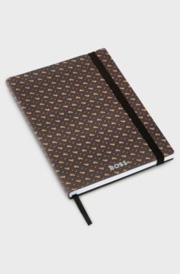 A5 monogram-pattern notebook and ballpoint pen set, Dark Brown