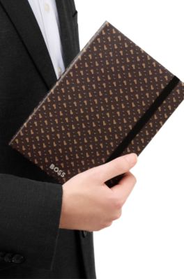 A5 monogram-pattern notebook and ballpoint pen set, Dark Brown