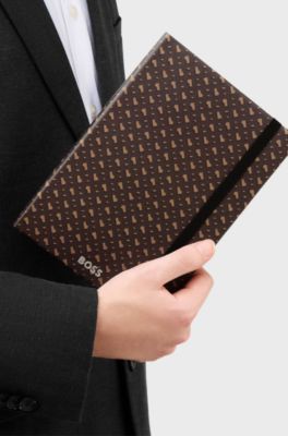 A5 monogram-pattern notebook and ballpoint pen set, Dark Brown