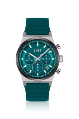 Silicone-strap chronograph watch with green dial, Blue