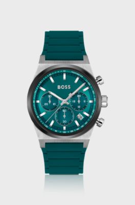Silicone-strap chronograph watch with green dial, Blue