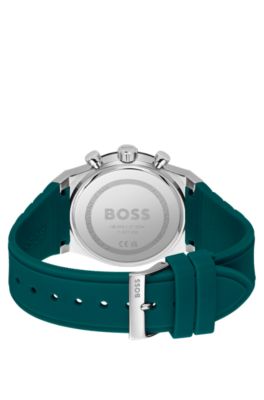 Silicone-strap chronograph watch with green dial, Blue