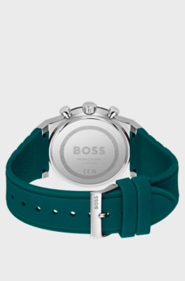 Montre chronographe &agrave; cadran vert et bracelet en silicone, Bleu