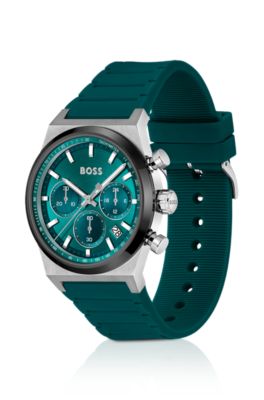 Silicone-strap chronograph watch with green dial, Blue