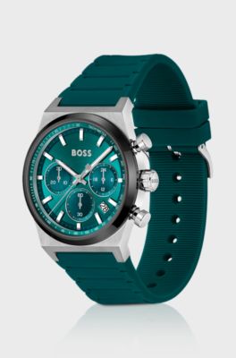 Montre chronographe &agrave; cadran vert et bracelet en silicone, Bleu