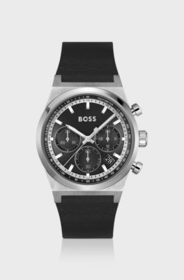 Silver-tone chronograph watch with black leather strap, Black