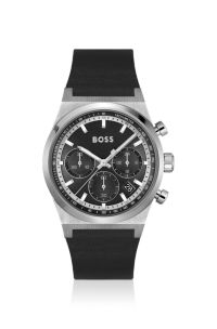 Chronograaf horloge met zilveren wijzerplaat en polsband van zwart leer, Zwart