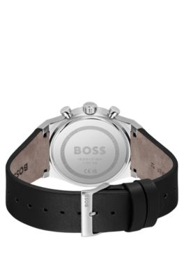 Silver-tone chronograph watch with black leather strap, Black