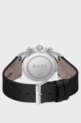 Silver-tone chronograph watch with black leather strap, Black